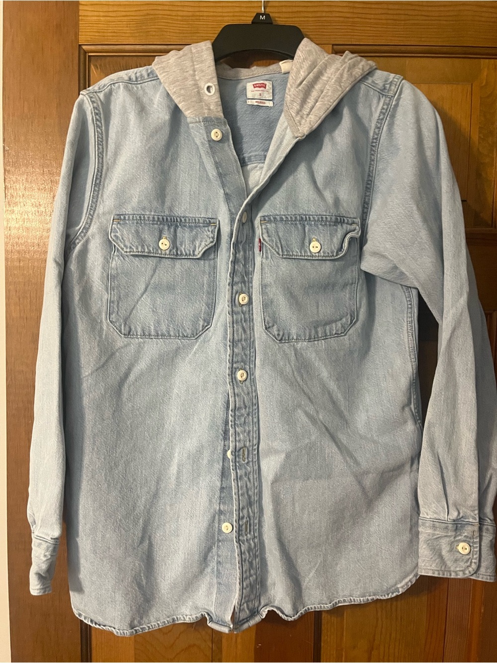 Levi's Light Blue Denim Button-Down Shirt with Grey Hood